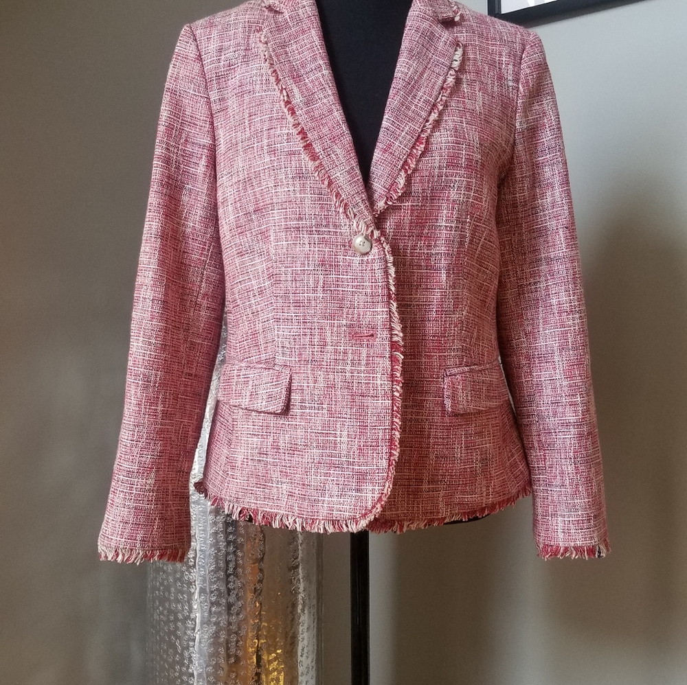 Banana Republic Berry Pink Fringe Tweed Blazer